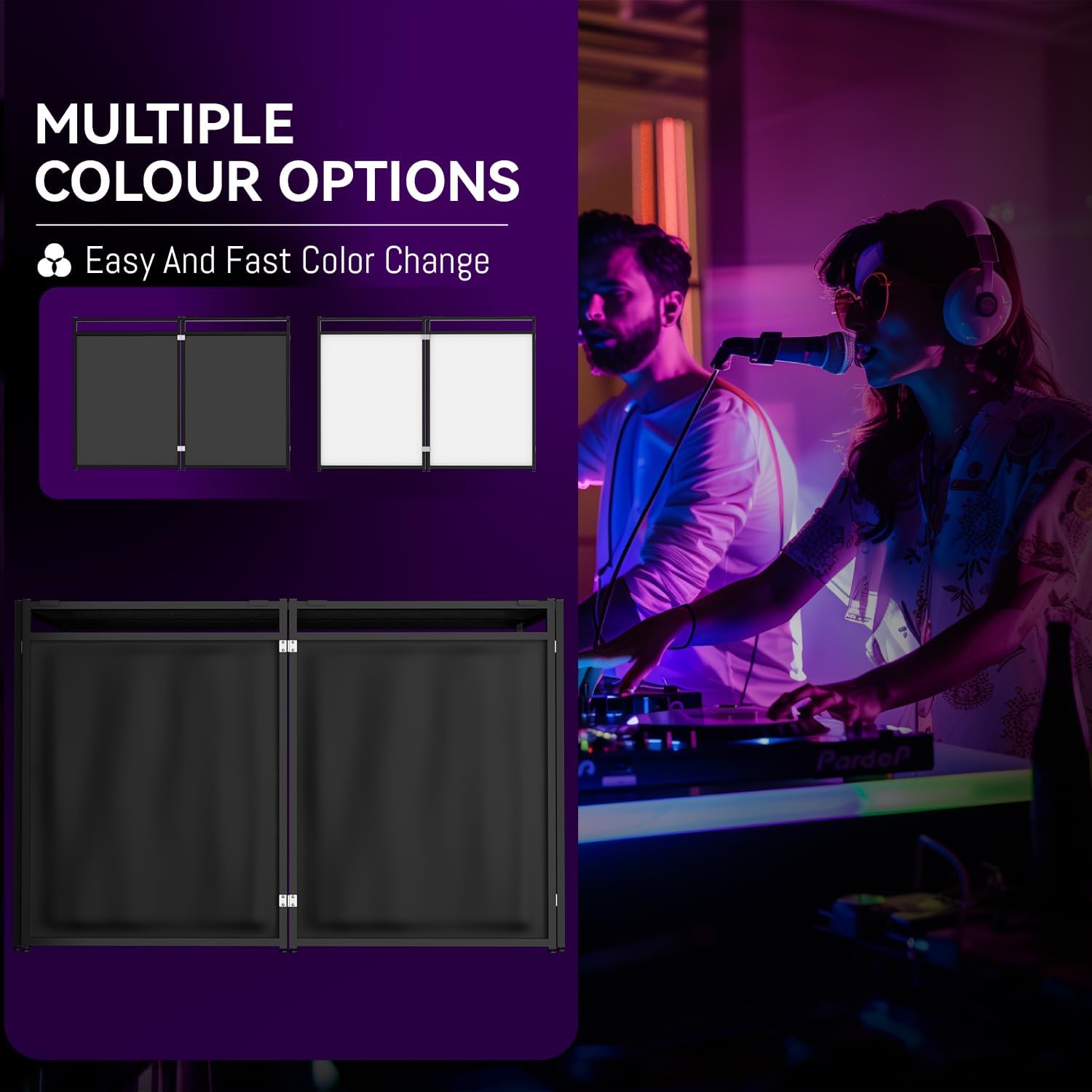 Portable DJ Booth Table,56''x28' Foldable DJ Table Stand Portable with White & Black Scrim,Adjustable D J Facade Tabl e Station Metal Frame D J Tabl e with Cable Hole for Private Events, Clubs, Bars