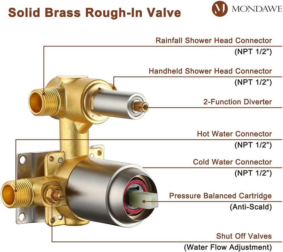 MONDAWE 9 Inch Wall Mounted Shower Faucet Set in Brushed Nickel, Rainfall Shower Head with 3-Setting Handheld Spray Shower Set Combo, High Pressure Shower System with Solid Brass Valve