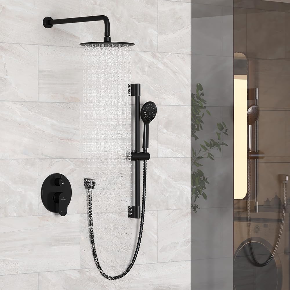 MONDAWE 9 Inch Wall Mounted Shower Faucet Set in Matte Black, Rainfall Shower Head with 3-Setting Handheld Spray Shower Set Combo, High Pressure Shower System with Solid Brass Valve