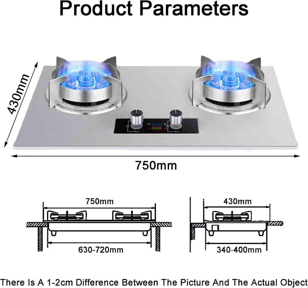 Stainless Steel Gas Stove 75CM Gas Stove 2 Burners, 5.2KW 9 Cavity Timed High Fire, Built-in Gas Cooker Plug and Play, with Flameout Protection(NG)