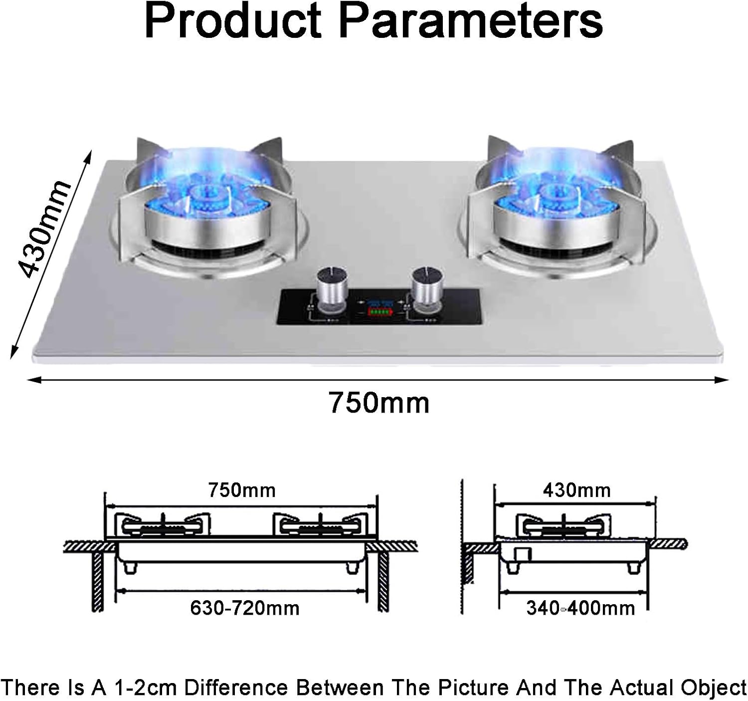 Stainless Steel Gas Stove 75CM Gas Stove 2 Burners, 5.2KW 9 Cavity Timed High Fire, Built-in Gas Cooker Plug and Play, with Flameout Protection(LPG)