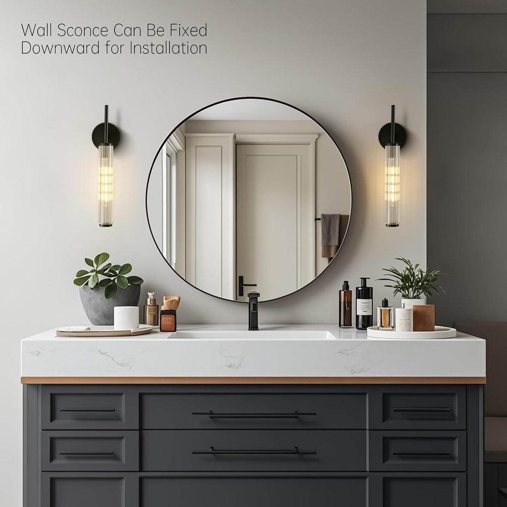 Black Wall Sconce 18.9in Grooved Patterned Glass Tube Bathroom Vanity Wall Lights, Modern Oxidized Black Brass Wall Sconces for Living Room, Bedroom, Dining Room, Hallway, Staircase and Mirror