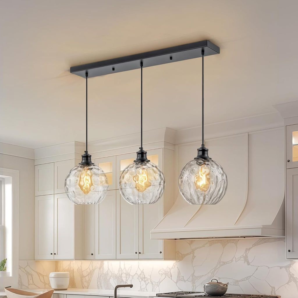 3 Light Pendant Lights Kitchen Island, Black Island Lights for Kitchen, 31.5' Globe Pendant Light with Clear Hammered Glass Shade, Adjustable Farmhouse Hanging Light Fixtures