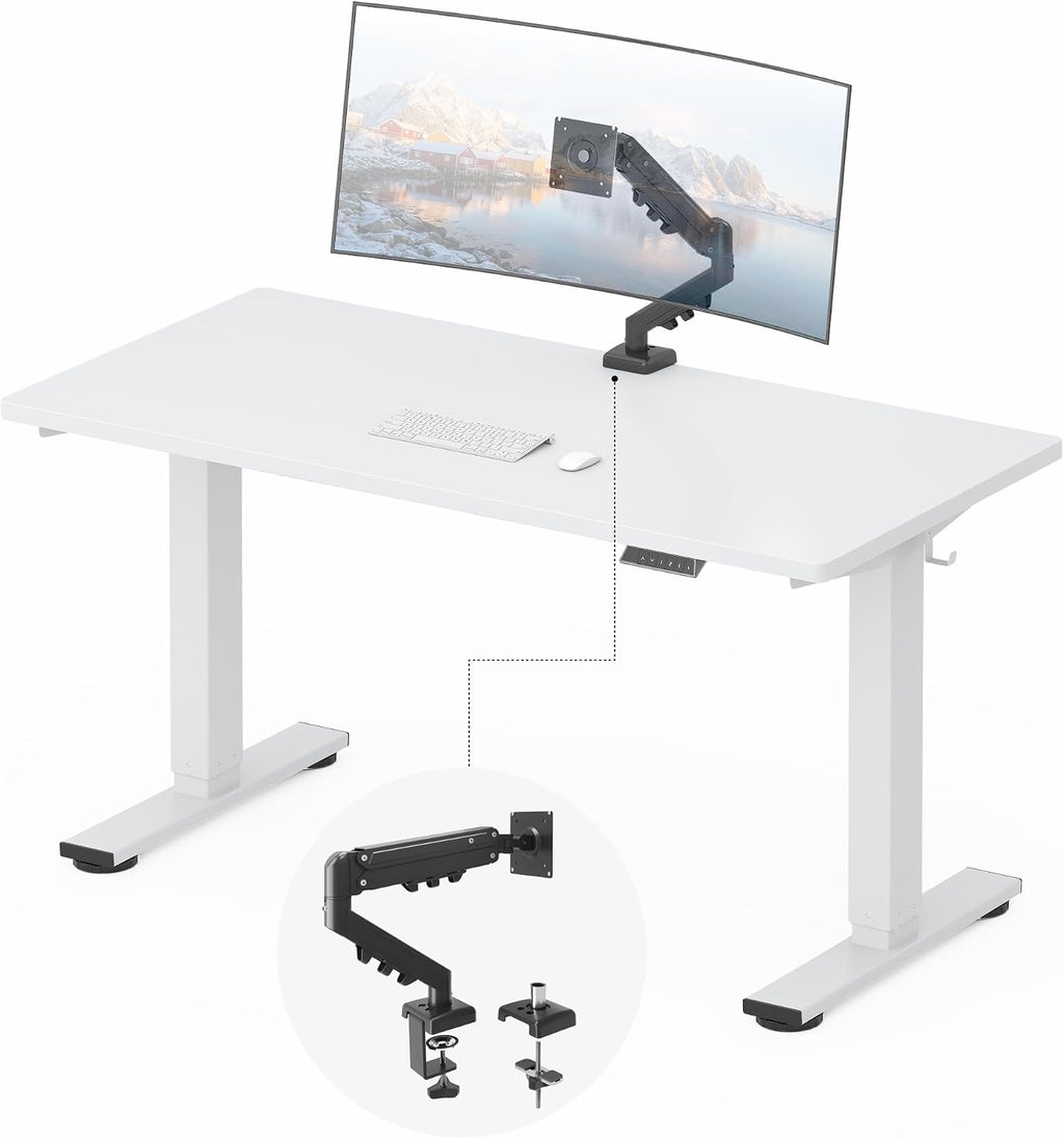 FLEXISPOT EN2 55''x28'' Standing Desk with Monitor Mount Bundle, 1' Thick One-Piece Desktop, Fully Adjustable Single Monitor Arm with Cable Management, Bundle for Home Office, Gaming & Study, White