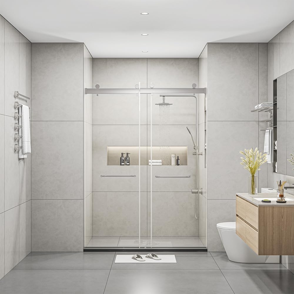 Favfurish Frameless Shower Door 60'x76'-3/8'(10mm) Tempered Glass Double Sliding Bathroom Door,Brushed Nickel Stainless Steel,Soft Closing Design (SGCC Certified)
