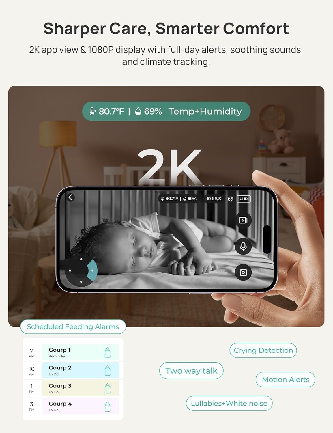 Dr.Care VistaView 5' Smart WiFi Baby Monitor with 2 Camaras - 2K Camera App Control & 1080P Split Screen, Cry & Motion Detection, Pan-Tilt-Zoom, HD Night Vision, Video Recording, Triple Security