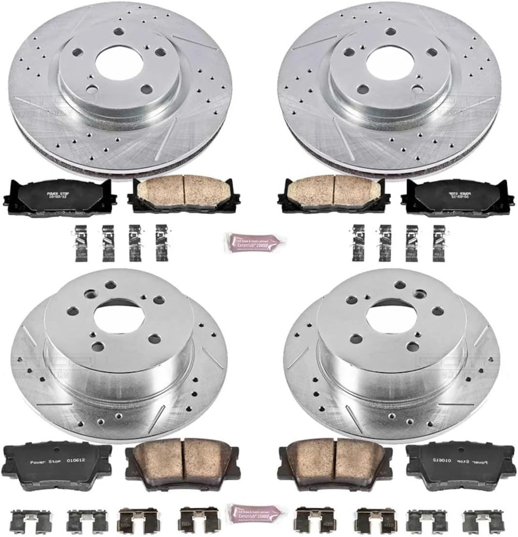PowerStop Front and Rear Brake Kit for Lexus ES350 2007-12 |Toyota Avalon 2008-12 |Camry 2007-11 - Drilled and Slotted Disc Rotors with Carbon-Fiber Ceramic Brake Pads Replacement, K2822