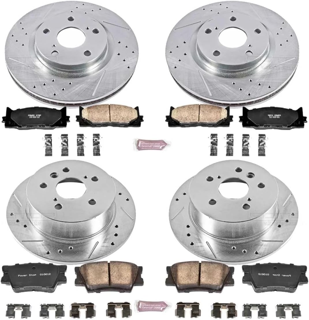 PowerStop Front and Rear Brake Kit for Lexus ES350 2007-12 |Toyota Avalon 2008-12 |Camry 2007-11 - Drilled and Slotted Disc Rotors with Carbon-Fiber Ceramic Brake Pads Replacement, K2822