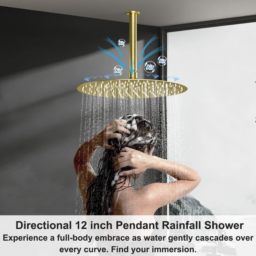 Shower Systems Round Shower Faucet Set, 12+6' Dual Rainfall Shower head with 2 in 1 Handheld Spray, Ceiling Mount Push Button Shower Set with Valve and Trim Kit Brushed Gold,Can Use All at Once