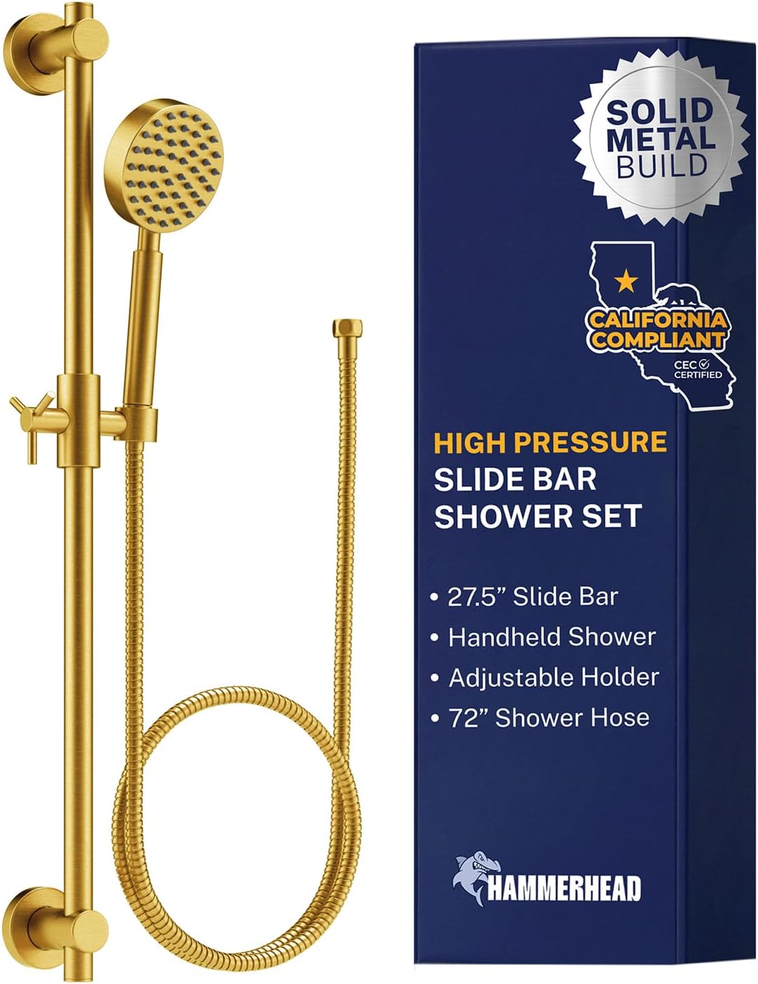 HammerHead Showers® Solid Metal 27.5 Inch Shower Slide Bar Set and Handheld Shower Head with Hose — BRUSHED GOLD — 1.75 GPM Low Flow Spray Wand — Easily Adjust Height & Angle of Handshower