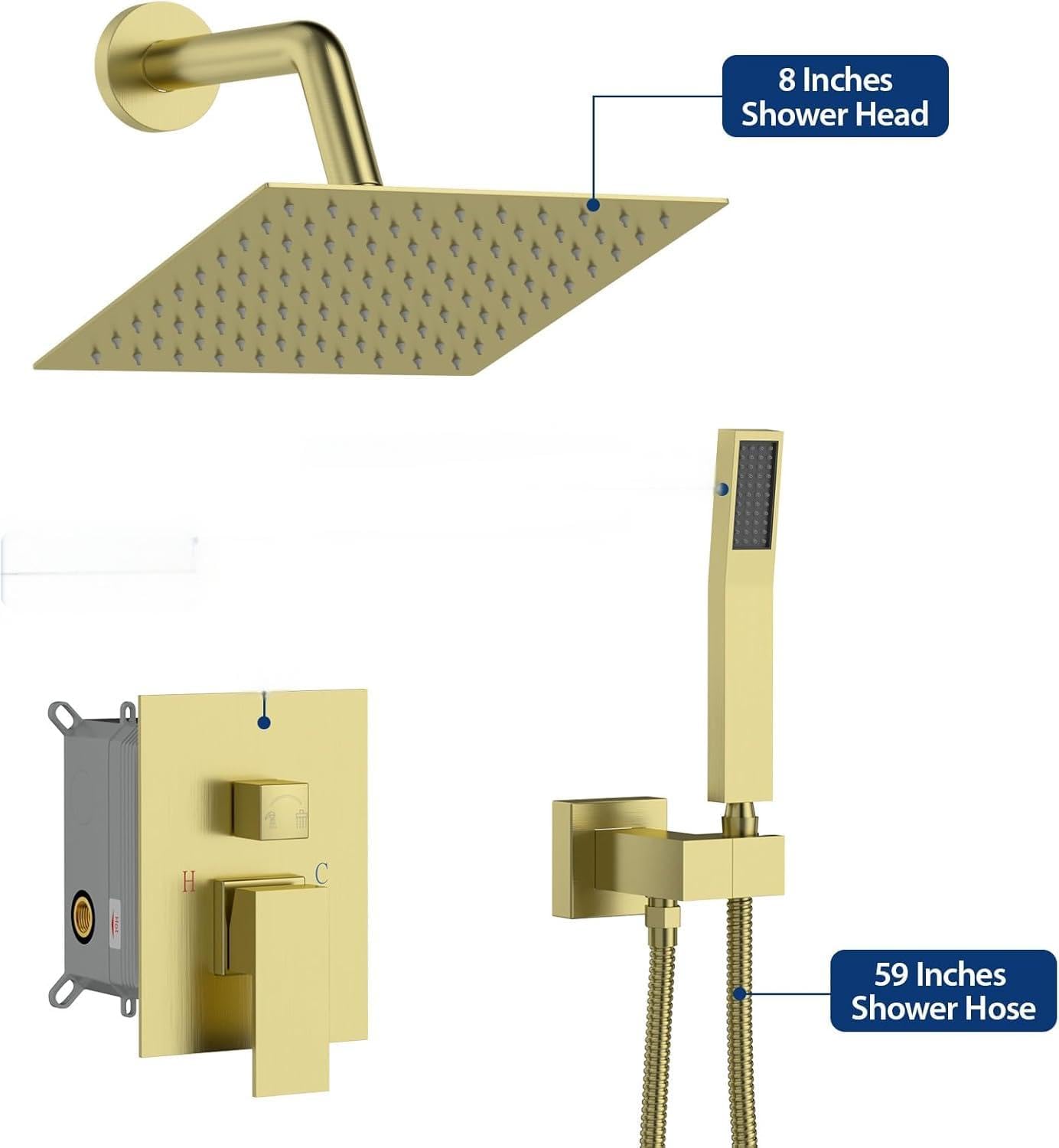 Lordear Rain Shower System Wall Mounted Shower Faucet Set with 8 Inch Stainless Steel Shower Head Handle Set and Solid Brass Valve, Brushed Gold Finish