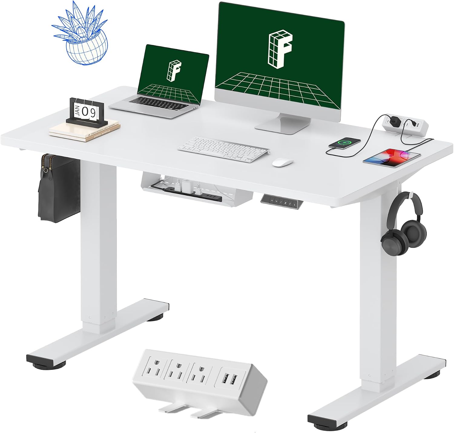 FLEXISPOT EN2 Whole-Piece Standing Desk with Clamp Power Strip, 48x24 Electric Stand Up Height Adjustable Desk with Cable Management (White Frame + 48' White Top)