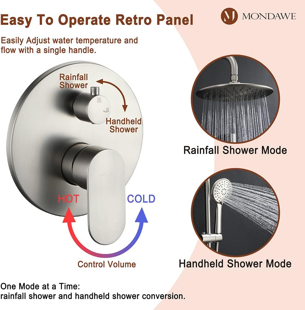 MONDAWE 9 Inch Wall Mounted Shower Faucet Set in Brushed Nickel, Rainfall Shower Head with 3-Setting Handheld Spray Shower Set Combo, High Pressure Shower System with Solid Brass Valve