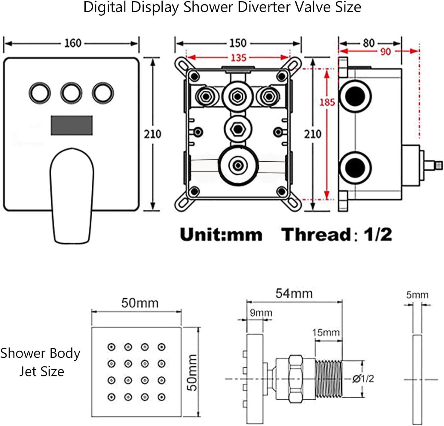 Digital Display Shower Faucet Set With 12 Inch Rainfall Shower Head,Brass Handheld Sprayer And 6pcs Body Jets,Full Body Shower System (Brushed Gold)