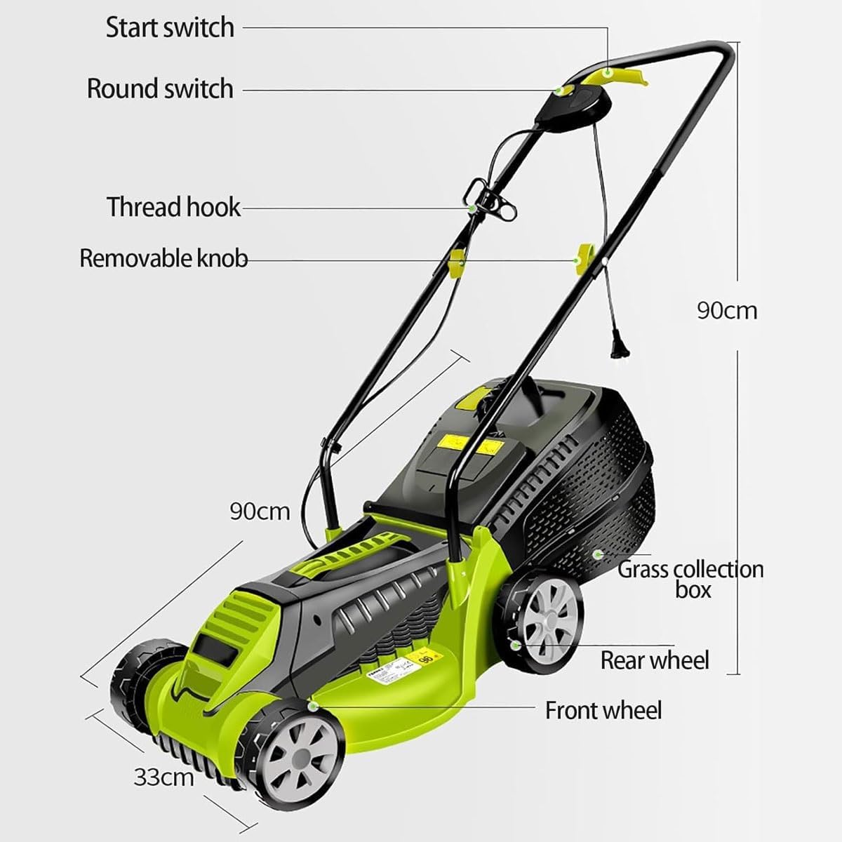 Electric Lawn Mower,1600W Cordless Foldable Lawnmower with 30L Large Grass Box, 32cm Cutting Width, 3 Adjustable Cutting Heights (25-65mm),Foldable Handle,for Garden Lawn