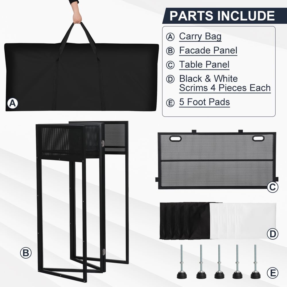 Kokorona Portable DJ Booth 43'L x 20'W x 45'H, DJ Facade Booth with Black & White Scrims, Folding DJ Booth for Party, DJ Facade Table Booth with Cable Hole, Black Metal Frame + Carry Bag