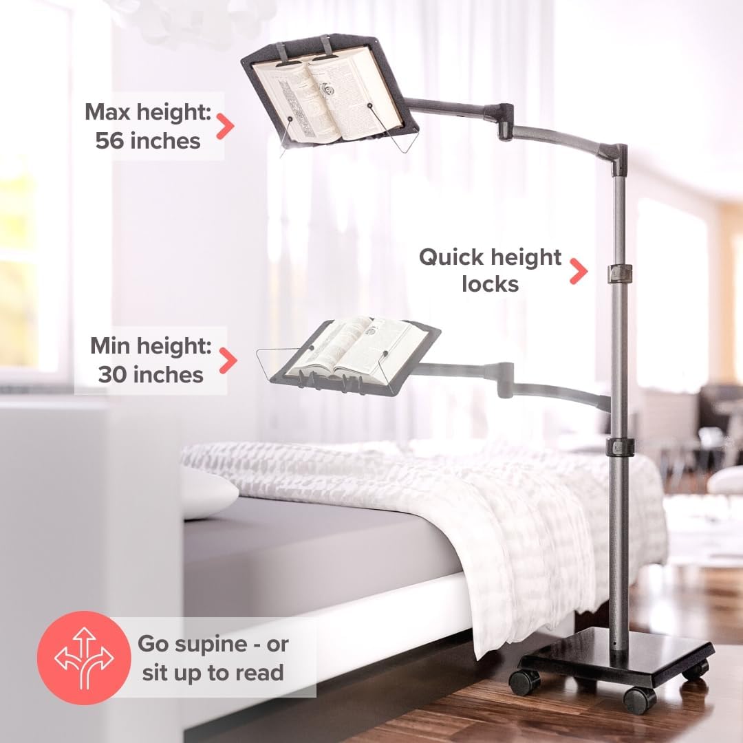 LEVO G2 Book Holder Floor Stand with Rolling Base – Our Premium Adjustable Reading Station on Wheels for Bed, Couch, or Recliner – Ergonomic Hands-Free Page Support for Heavy Novels and Textbooks