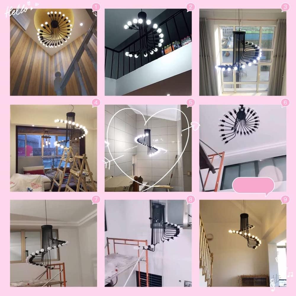 Retro Simple Pendant Chandelier Loft 26 Heads Spiral Staircase Black Wrought Iron Large Ceiling Lighting E27 Fixture for Bar Cafe Living Room Bedroom Hallway
