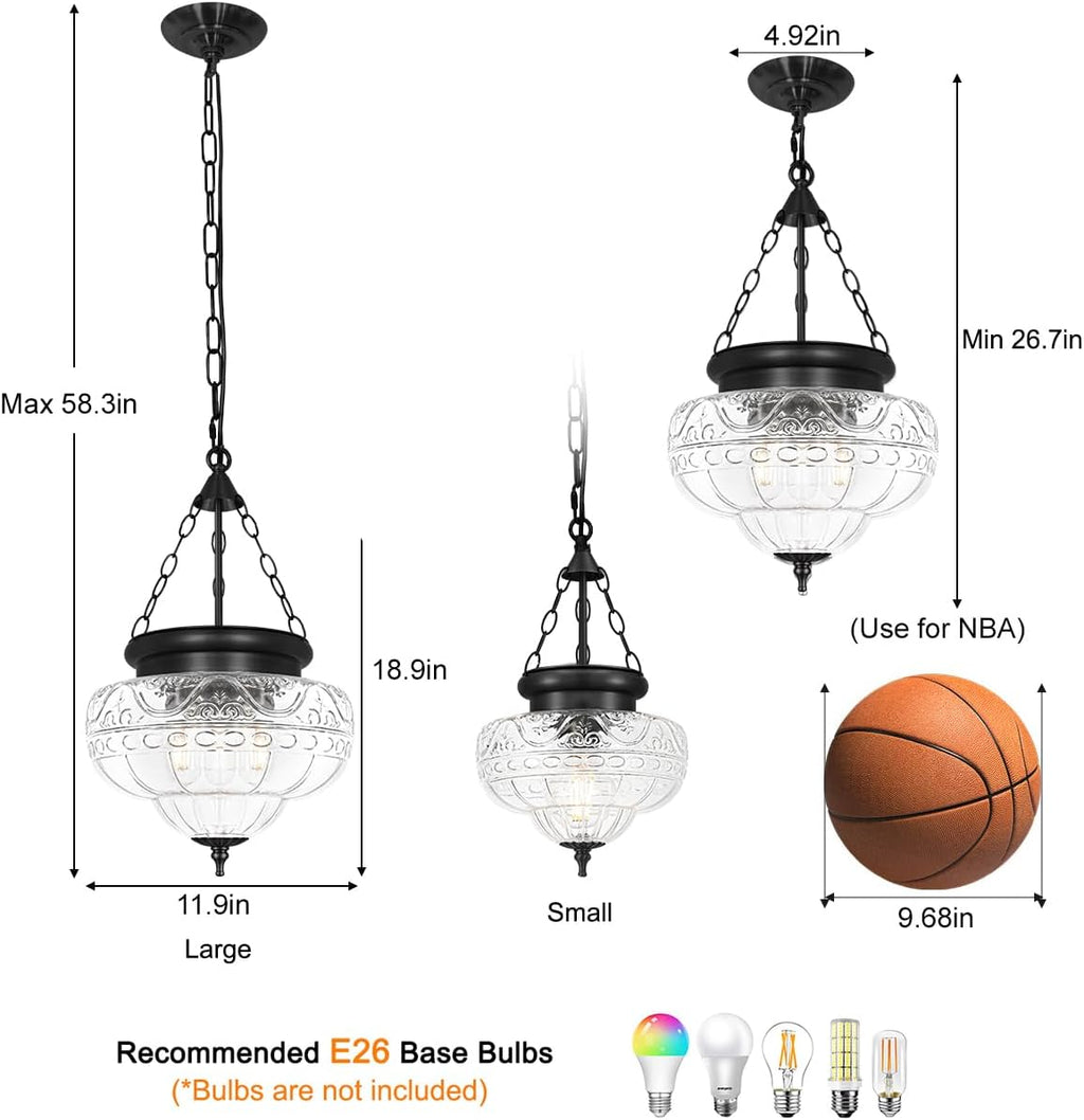 3-Light Matte Black Pendant Lights with 12In Floral Glass, Penant Lighting Fixture with Adjustable Chain, Vintage Pendant Lights Kitchen Island, Hanging Light Fixtures for Dining Room Entryway, E26*3