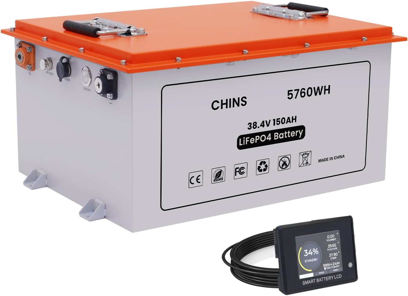 CHINS Smart LiFePO4 Battery Bluetooth 36V 150AH Lithium Battery Perfect for Golf Cart, Trolling Motor, Marine, Built-in 200A BMS, Includes Battery Monitor, Peak Current 1000A