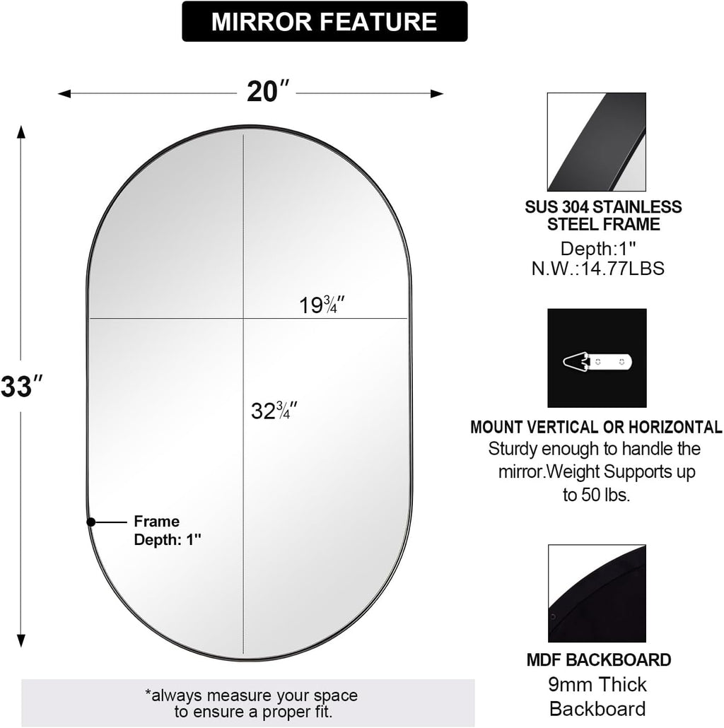 ANDY STAR Black Oval Mirror, 20x33'' Oval Mirrors for Bathroom, Pill Shaped Mirror, Black Mirror Vanity, Modern Black Mirror for Bathroom Stainless Steel Metal Framed Wall-Mounted Mirrors