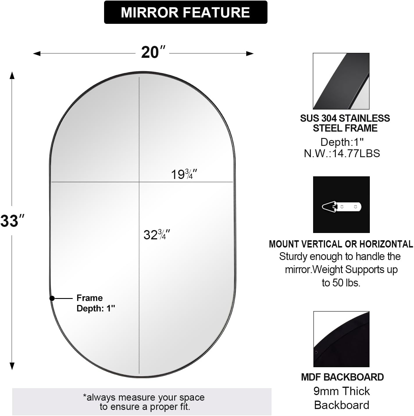 ANDY STAR Black Oval Mirror, 20x33'' Oval Mirrors for Bathroom, Pill Shaped Mirror, Black Mirror Vanity, Modern Black Mirror for Bathroom Stainless Steel Metal Framed Wall-Mounted Mirrors