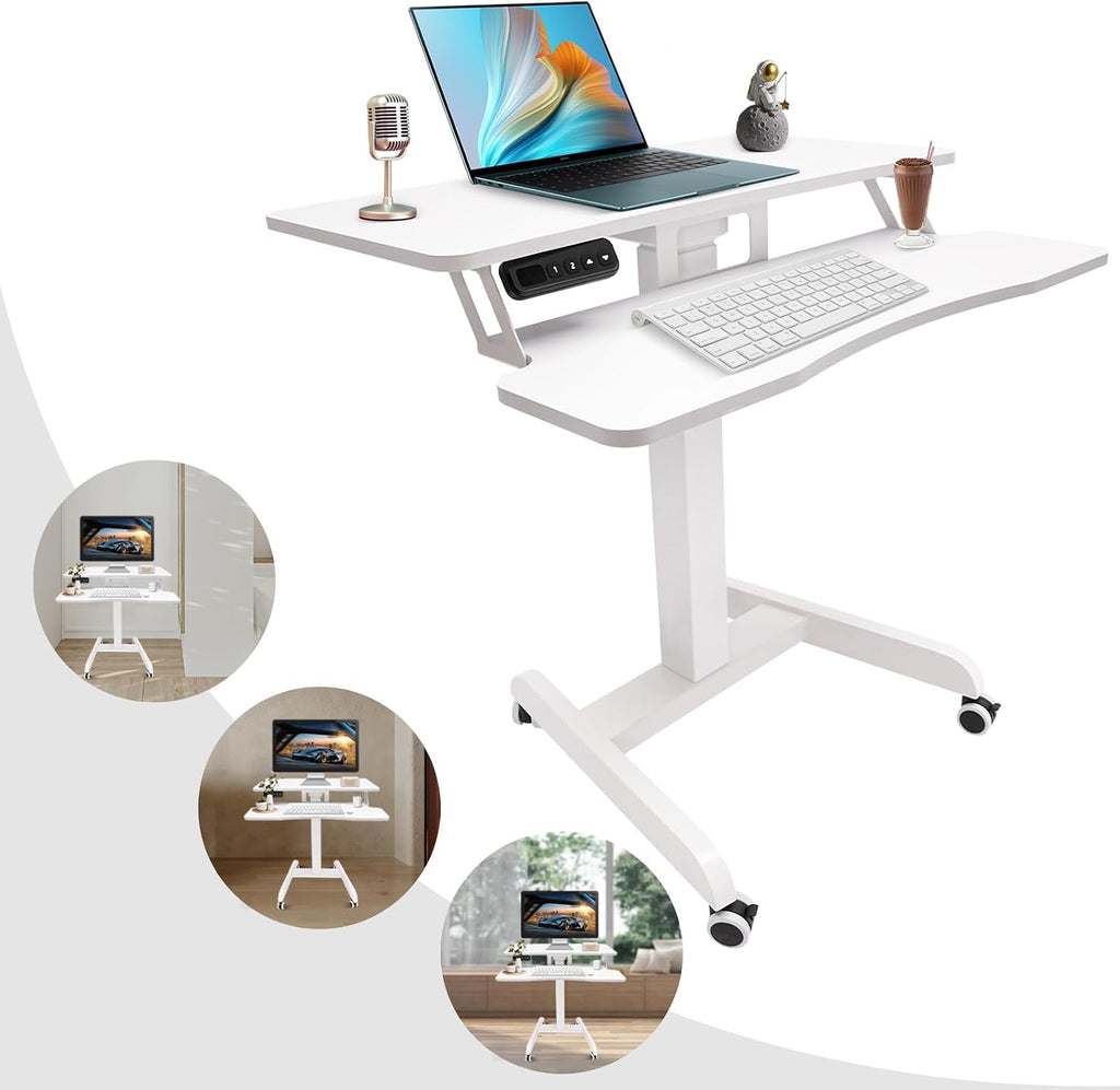 Electric Standing Desk, Adjustable Height Rolling Laptop Table, Mobile Computer Workstation Stand with Wheels & Keyboard Tray, Portable Bed Couch Side Work Desks Cart, Movable Podium for Office