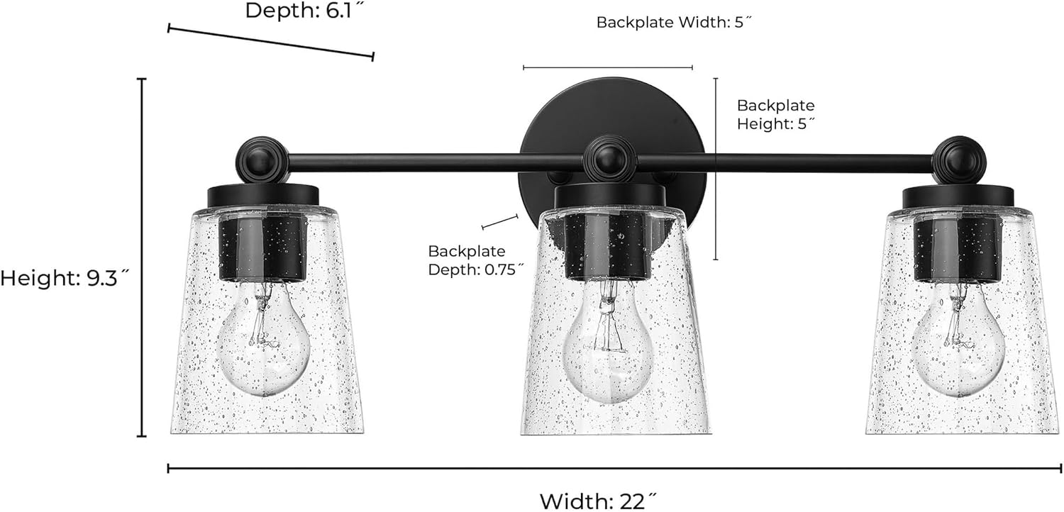ML Lighting | Lauryn Collection | 22003-MB | 3 Light Vanity in Matte Black Finish with Clear Seeded Glass Shade | Versatile Design That adds High-End Texture and Elegance to Your Bathroom
