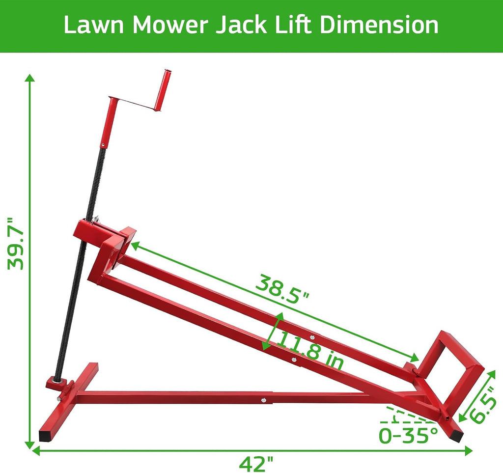 Lawn Mower Lift Jack, TUNTENDO Lifting Platform 882 Lbs Capacity Telescopic Maintenance Jack for Garden Tractors & Riding Lawn Mower with Manual Handle & Power Tool Extension Handle (Red)
