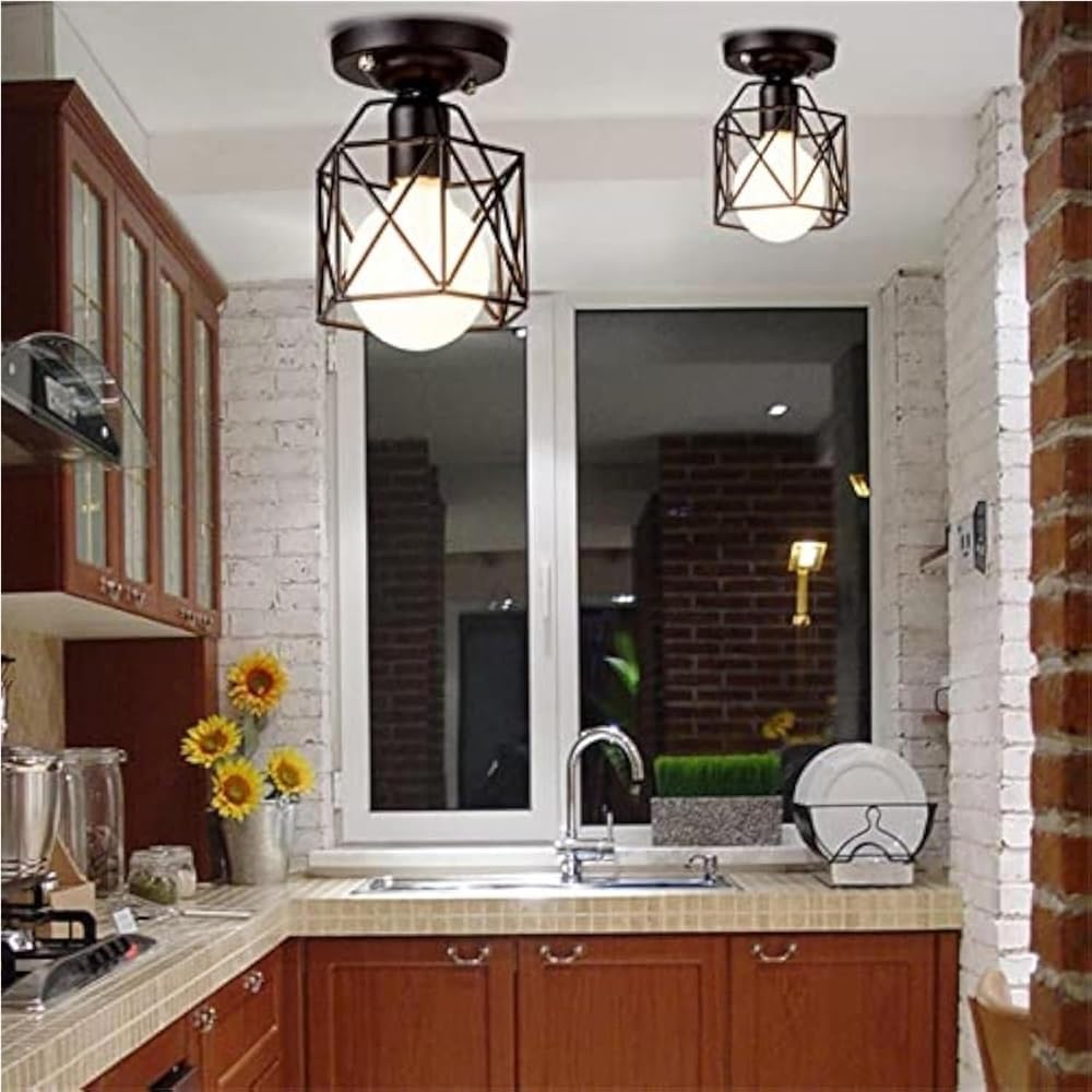 Modern Black Wrought Iron E27 Ceiling Light Fixture Indoor Ceiling Lamp for Kitchen Living Room Bedroom Study Balcony Restaurant Cafe