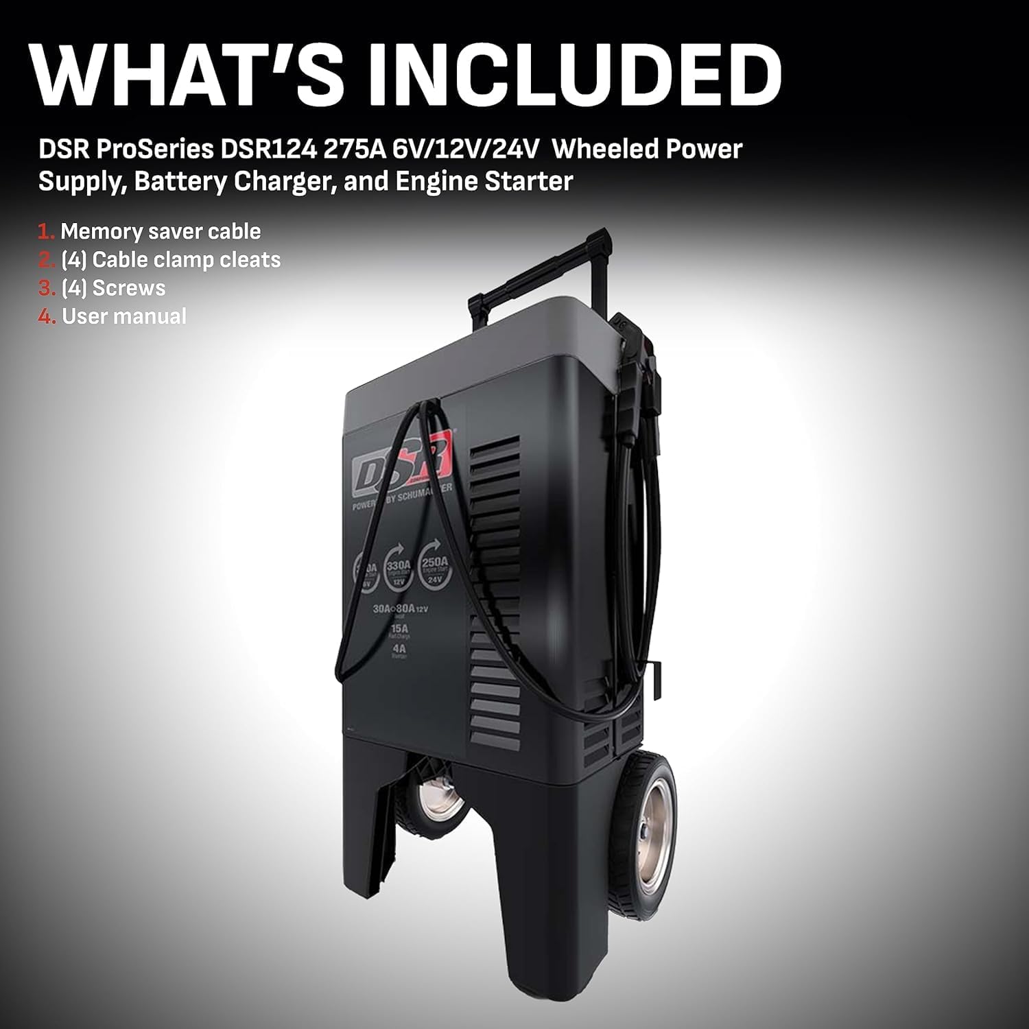 Schumacher Electric DSR ProSeries 6V / 12V / 24V Automatic Battery Charger & Engine Starter - 330A Heavy Duty Engine Starter - Truck, SUV & Boat Compatible - Fully Automatic - DSR124