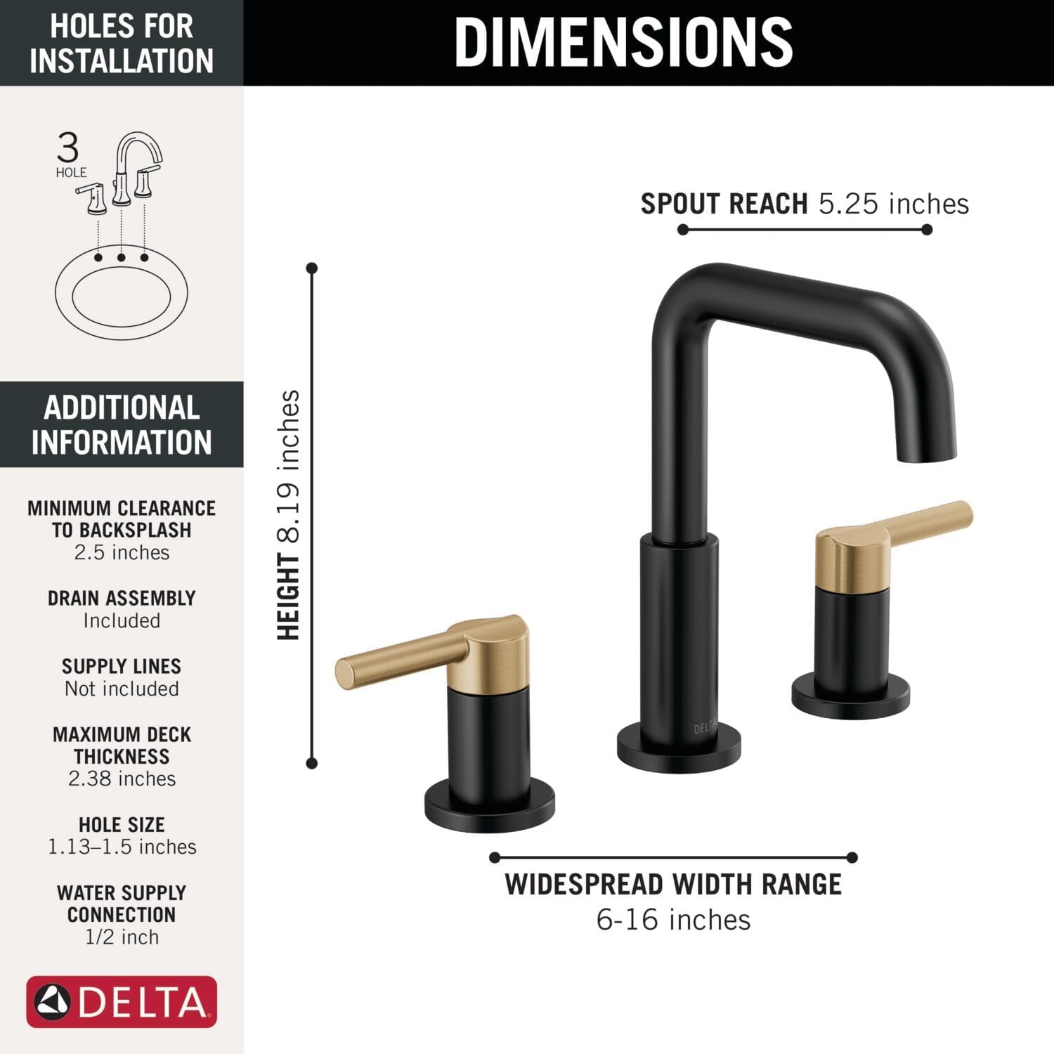 Delta Faucet Nicoli 14 Series Single-Handle Shower Faucet Trim Kit with 5-Spray H2Okinetic Shower Head and Widespread Bathroom Faucet in Black/Gold (Shower Valve Included)