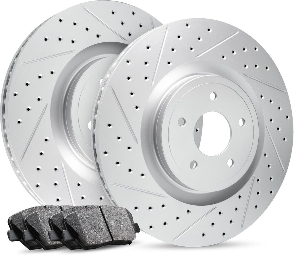 R1 Concepts Front Brake Kit Fits 2006-2008 Jaguar S-Type; 2006-2009 Jaguar Super, XJR; 2009-2015 Jaguar XF; 2010-2019 Jaguar XJ| Ceramic Brake Pads and Drilled Slotted Brake Rotors| 14.0' Front