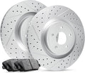 R1 Concepts Front Brake Kit Fits 2006-2008 Jaguar S-Type; 2006-2009 Jaguar Super, XJR; 2009-2015 Jaguar XF; 2010-2019 Jaguar XJ| Ceramic Brake Pads and Drilled Slotted Brake Rotors| 14.0' Front