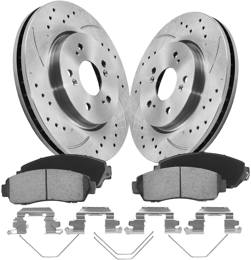 Front Brake Kit Compatible with Honda 2007-2016 CR-V(12-16 AWD ONLY, 07-11 ALL Models), 2012-2015 Crosstour|Premium Drilled & Slotted Brake Rotors & Ceramic Brake Pads|296mm(11.7in)