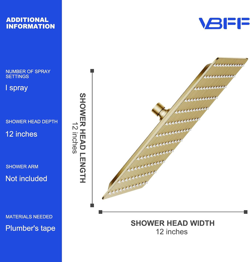 VBFF-Shower Head,rain shower head, 12 inch- Square Shower Head, 1.8 GPM Flow Rate, rainfall showerhead,VBFF09 (Brushed Gold)