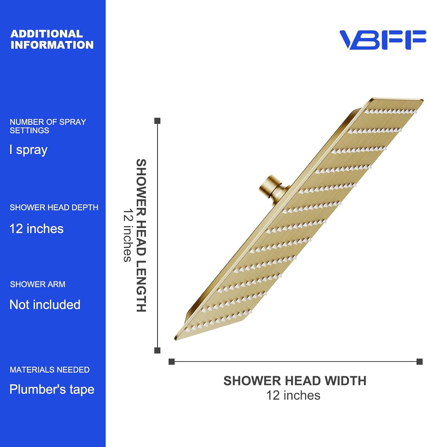 VBFF-Shower Head,rain shower head, 12 inch- Square Shower Head, 1.8 GPM Flow Rate, rainfall showerhead,VBFF09 (Brushed Gold)