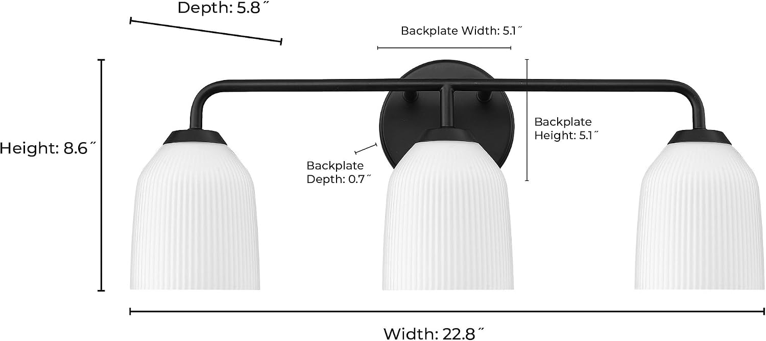ML Lighting | Norah Collection | 22303-MB | 3 Light Vanity in Matte Black Finish with Opal Ribbed Glass Shade | Versatile Design That adds High-End Texture and Elegance to Your Bathroom