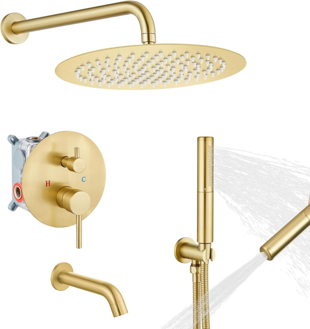 Airuida 3-Function Rain Shower System Set – Wall Mount Tub Shower Combo with Handheld Shower and Tub Spout,12 Inch Shower Head,Brushed Gold