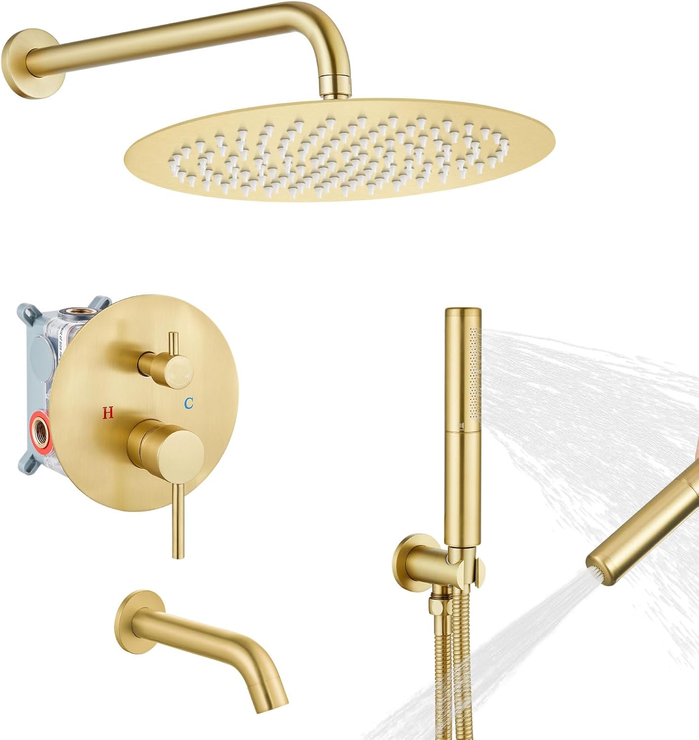 Airuida 3-Function Rain Shower System Set – Wall Mount Tub Shower Combo with Handheld Shower and Tub Spout,12 Inch Shower Head,Brushed Gold