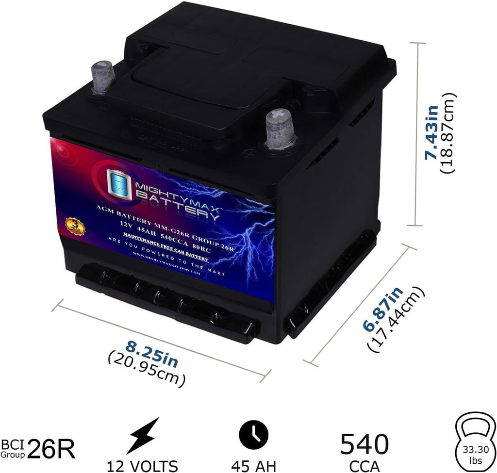 Mighty Max Battery MM-G26R BCI Group 26R 12V 45AH, 80RC, 540 CCA, Rechargeable SLA AGM Battery
