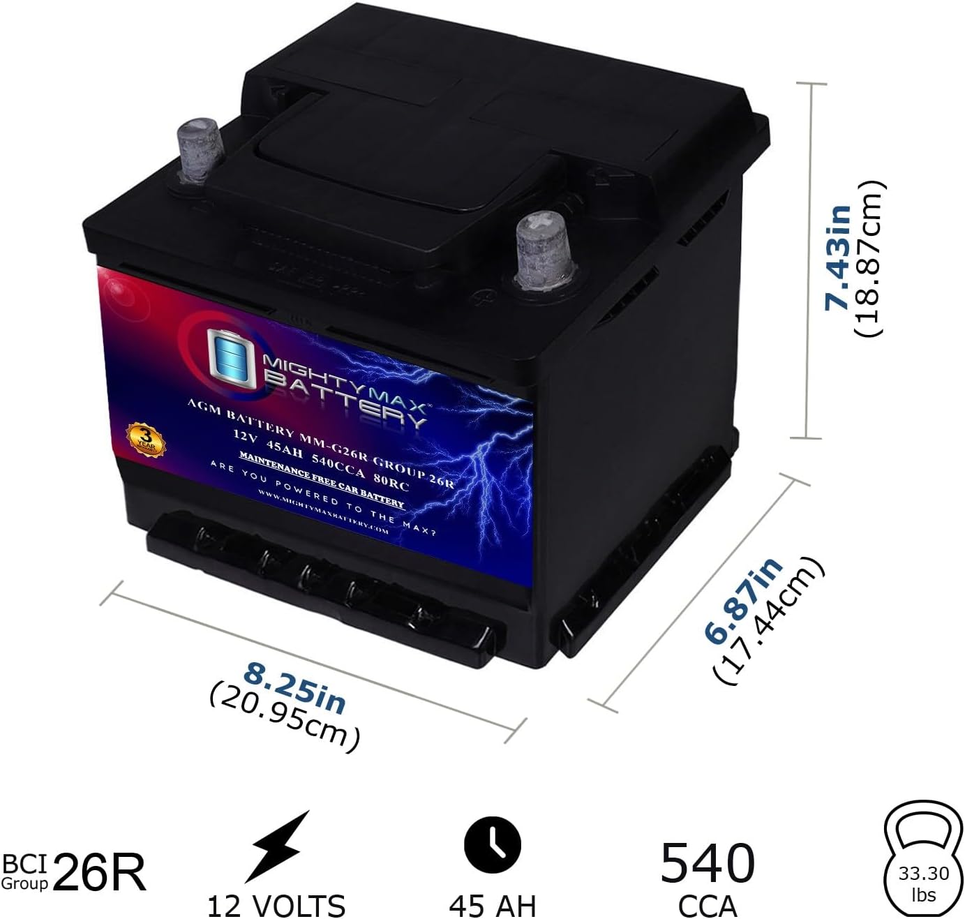 Mighty Max Battery MM-G26R BCI Group 26R 12V 45AH, 80RC, 540 CCA, Rechargeable SLA AGM Battery