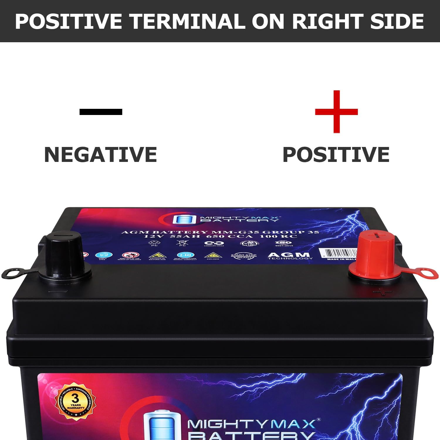 Mighty Max Battery MM-G35 Start and Stop Car BCI Group Size 35 12V 55Ah, 100RC, 650 CCA Rechargeable AGM Car battery