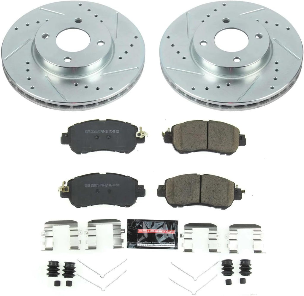 PowerStop Front Brake Kit for Nissan Kicks 2018-24 | Nissan Versa 2020-24 - Drilled and Slotted Disc Rotors with Carbon-Fiber Ceramic Brake Pads Replacement, K8326
