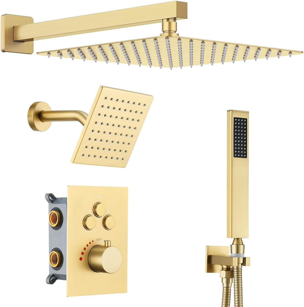 Thermostatic Dual Shower Heads System with Wall Mount 12-Inch Rainfall Shower & 6-Inch Shower Head, Brushed Gold Bathroom Shower Faucet Set with High Pressure Handheld Sprayer