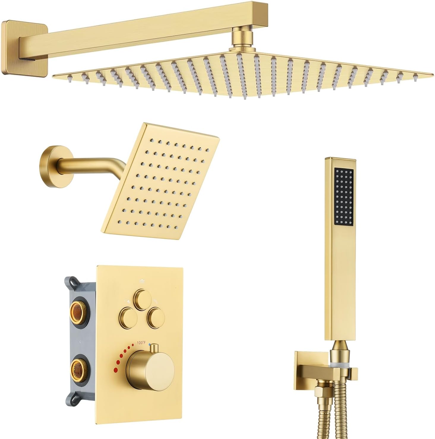 Thermostatic Dual Shower Heads System with Wall Mount 12-Inch Rainfall Shower & 6-Inch Shower Head, Brushed Gold Bathroom Shower Faucet Set with High Pressure Handheld Sprayer
