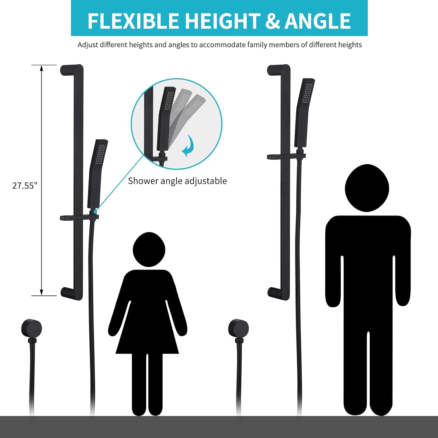 Shower Slide Bar Handheld Shower Head with Hose, Bathroom Showerhead with Handle Spray, High Pressure Shower Slide Bar Height Adjustable with 59.06 Inch Stainless Steel Hose Matte Black