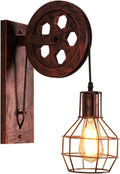 Wall Lamps & Sconces Industrial Pulley Wall Sconce Vintage Style Wrought Iron Cage Wall Lamp with Wheel Arm and Cylinder Shade Mid-Century Wall Lighting Fixture Black Wall Mounted Light for Bed(A)