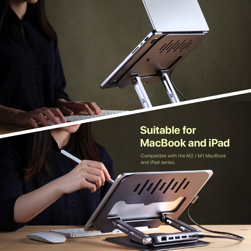 ADAM elements Hub Stand Pro 6-in-1 USB-C Laptop Docking Station, Foldable Laptop Stand with 4K HDMI, 100W PD & USB 3.0 for MacBook Pro/Air M4-M1, iPad & USB-C Laptops