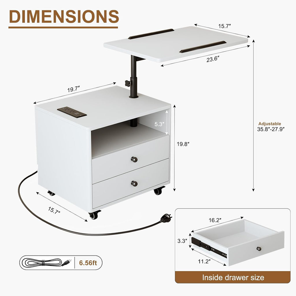 Bedroom Nightstand with Drawers & Charging Station, Adjustable Height Bedside Table with Wheels, Wooden Small Sofa Side Tables with Storage for Living Room, White